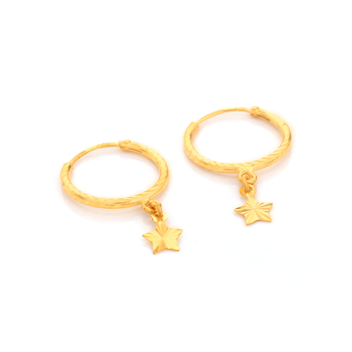 22K Gold Diamond-Cut Hoop Star Charm Earrings