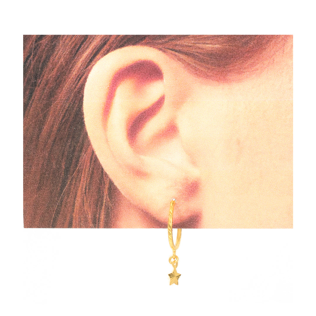 22K Gold Diamond-Cut Hoop Star Charm Earrings