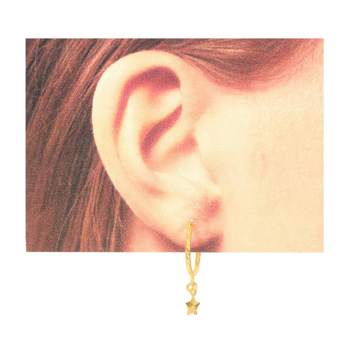 22K Gold Diamond-Cut Hoop Star Charm Earrings