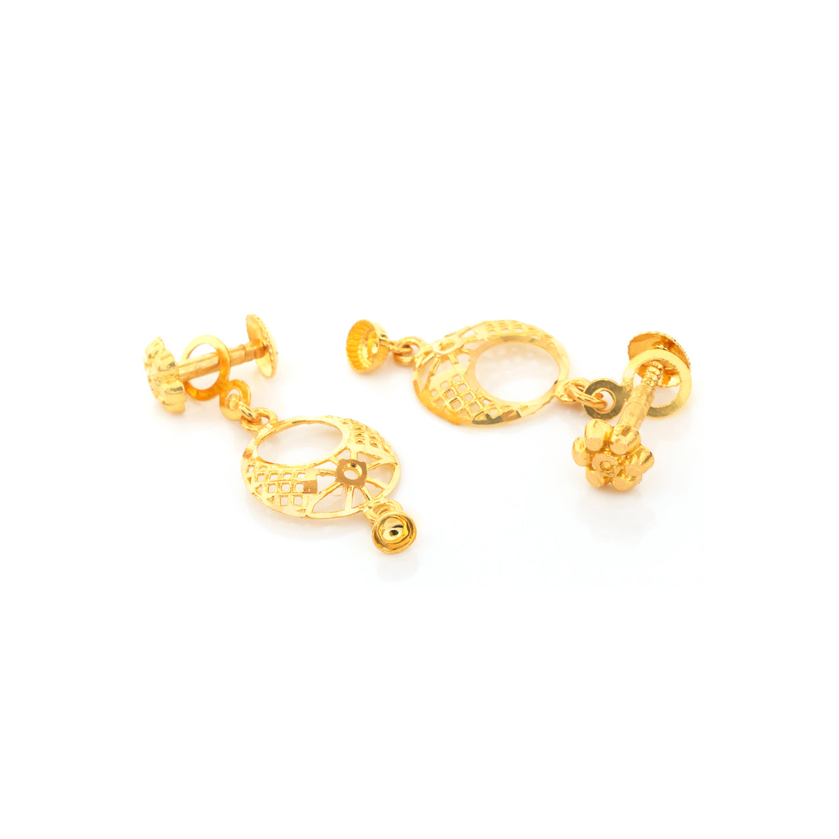 A pair of gold-toned hoop earrings with textured filigree cutouts and small dangling bead accents, shown on a plain white background.