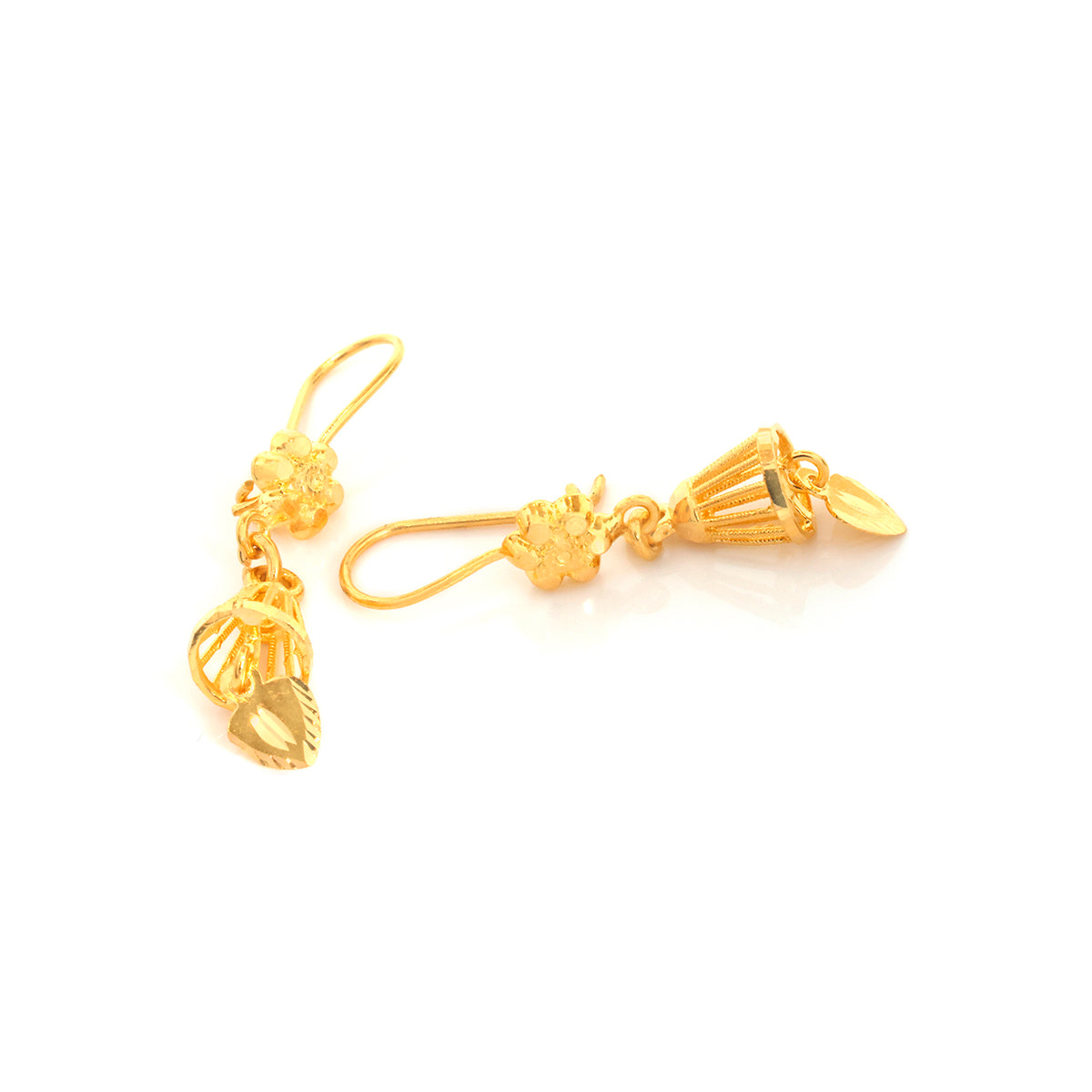 A pair of gold dangle earrings with floral and geometric charms, displayed on a clean white background.
