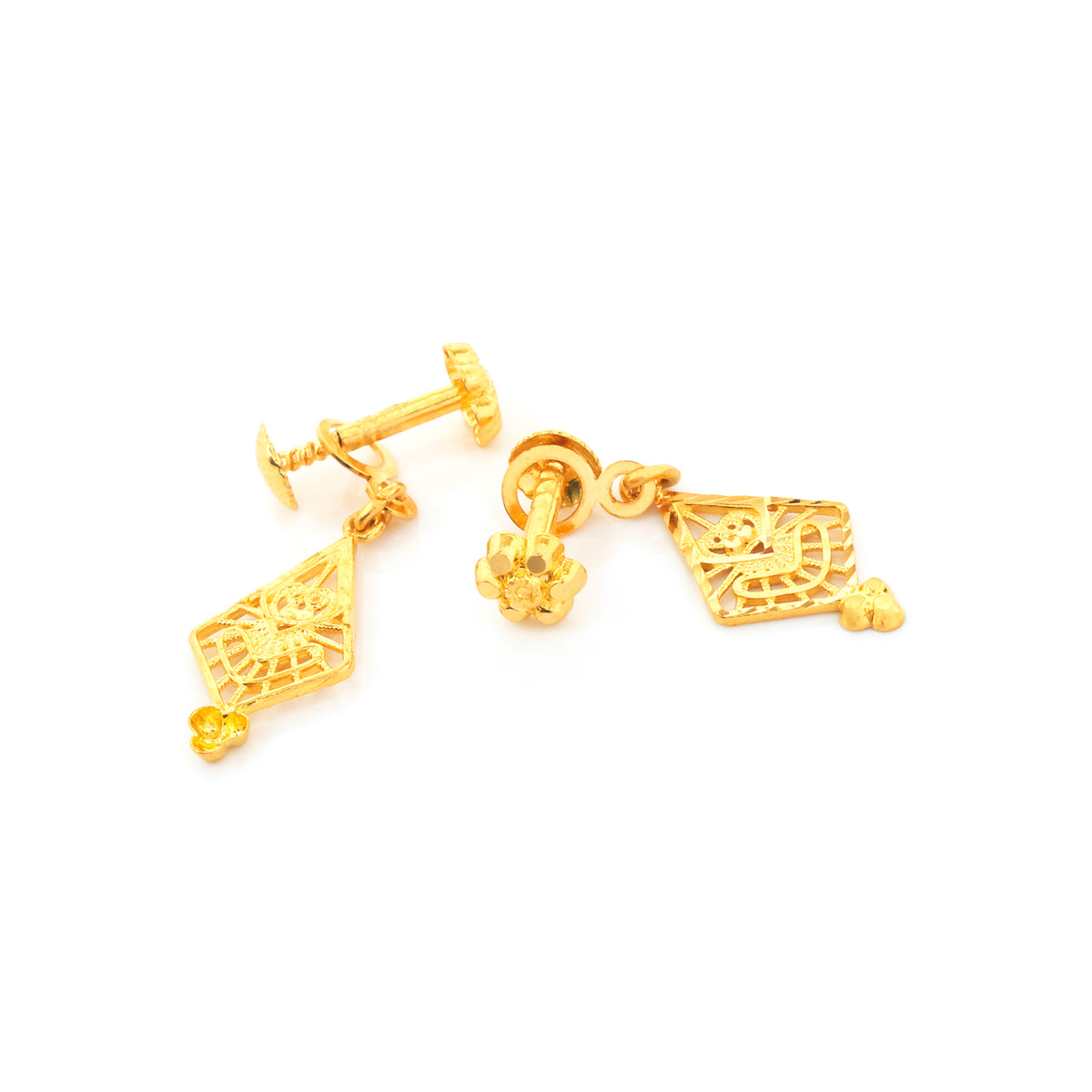 A pair of gold earrings with intricate filigree cutout patterns and small dangling floral charms, shown on a plain white background.