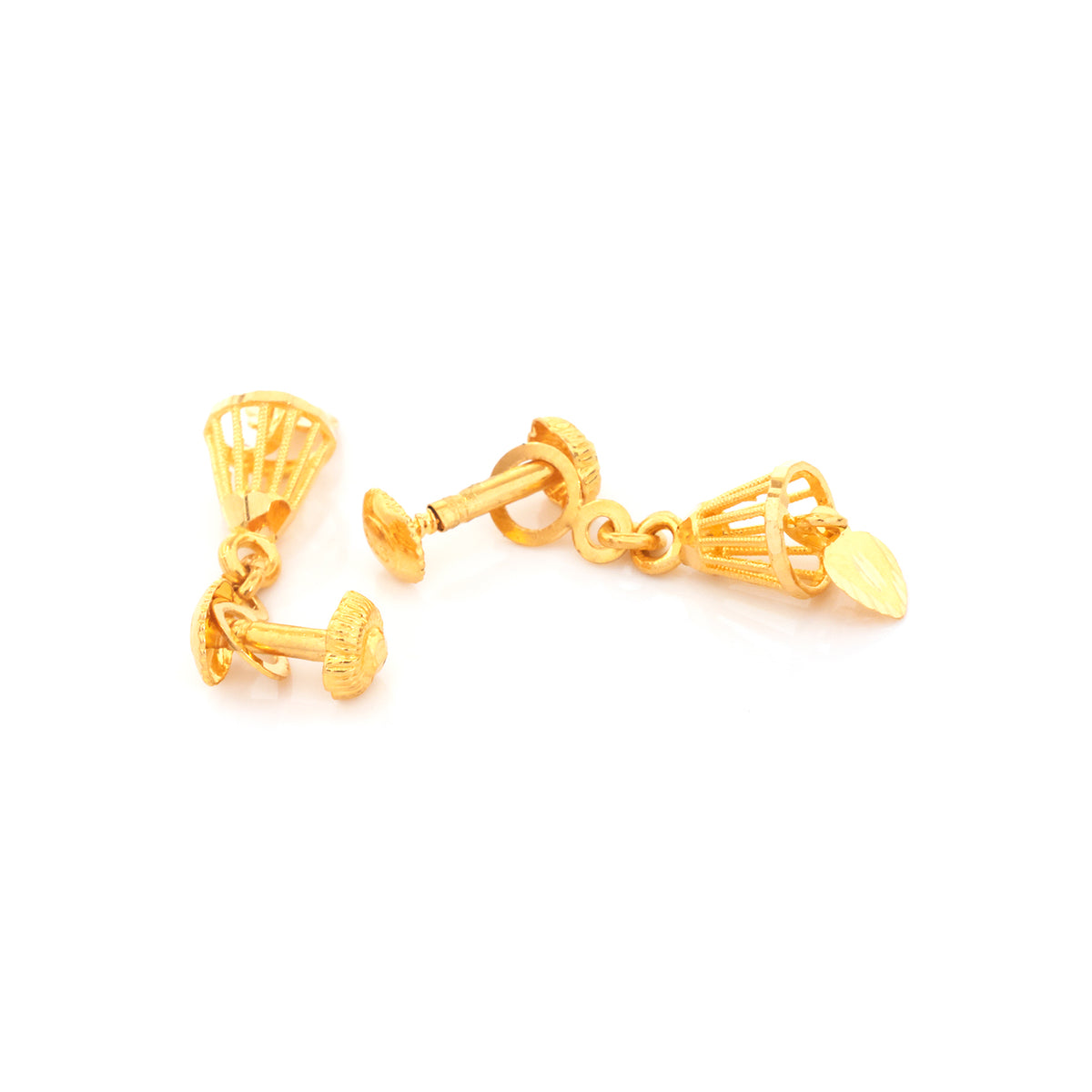 A pair of gold-toned cufflinks shown on a plain white background, with one clasp upright and the other lying on its side to display the reverse side.