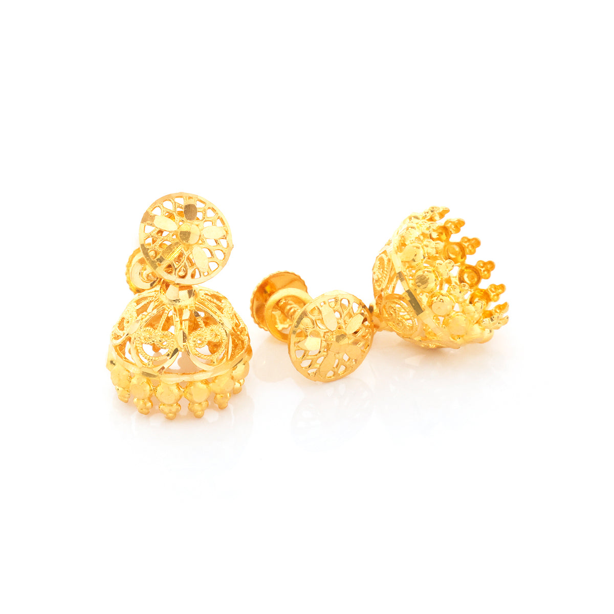 A pair of gold-toned filigree dangle earrings with intricate openwork detailing and a beaded lower section, shown on a plain white background.