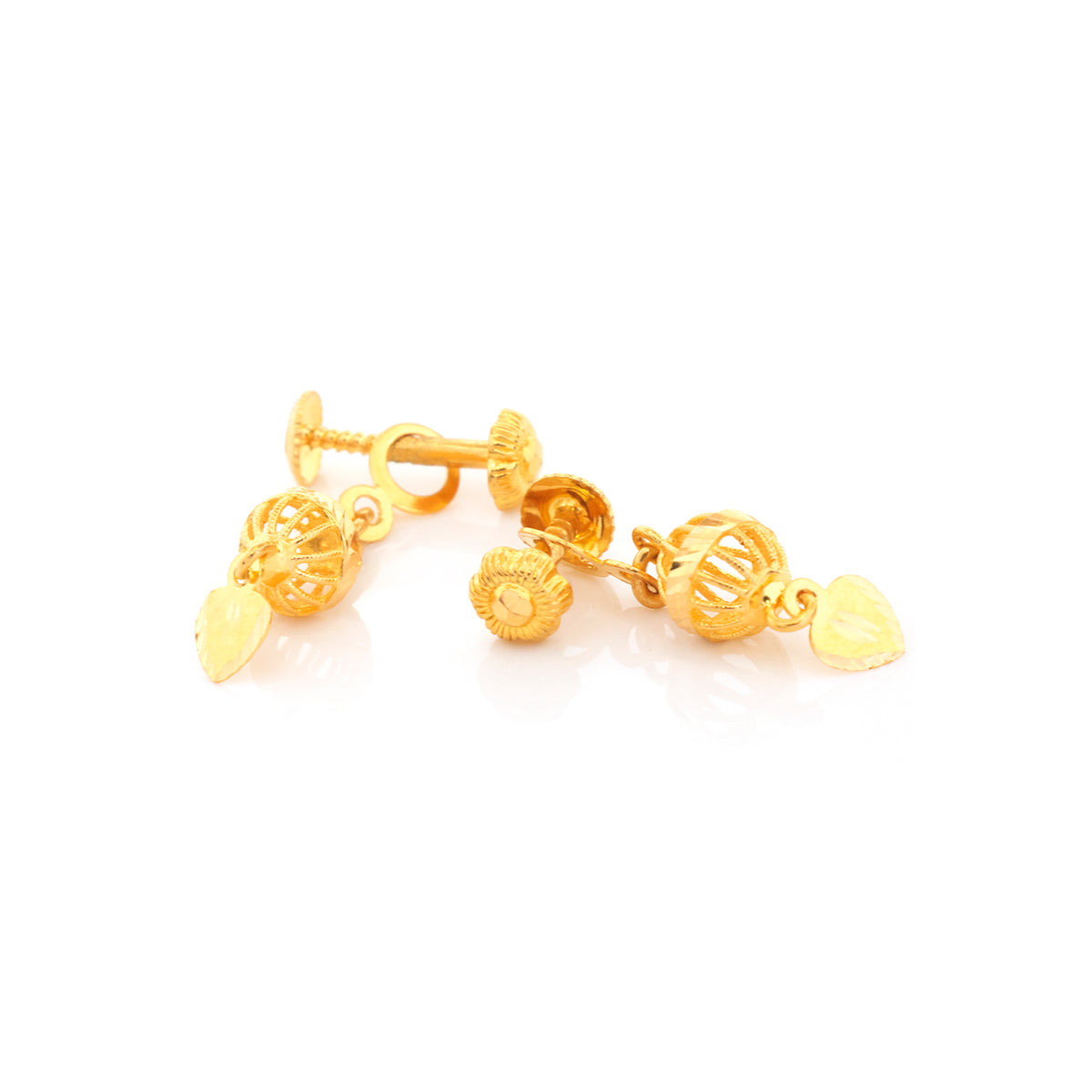 A pair of gold dangle earrings with textured filigree ball charms, a small round textured bead, and a small heart-shaped drop, shown on a plain white background.