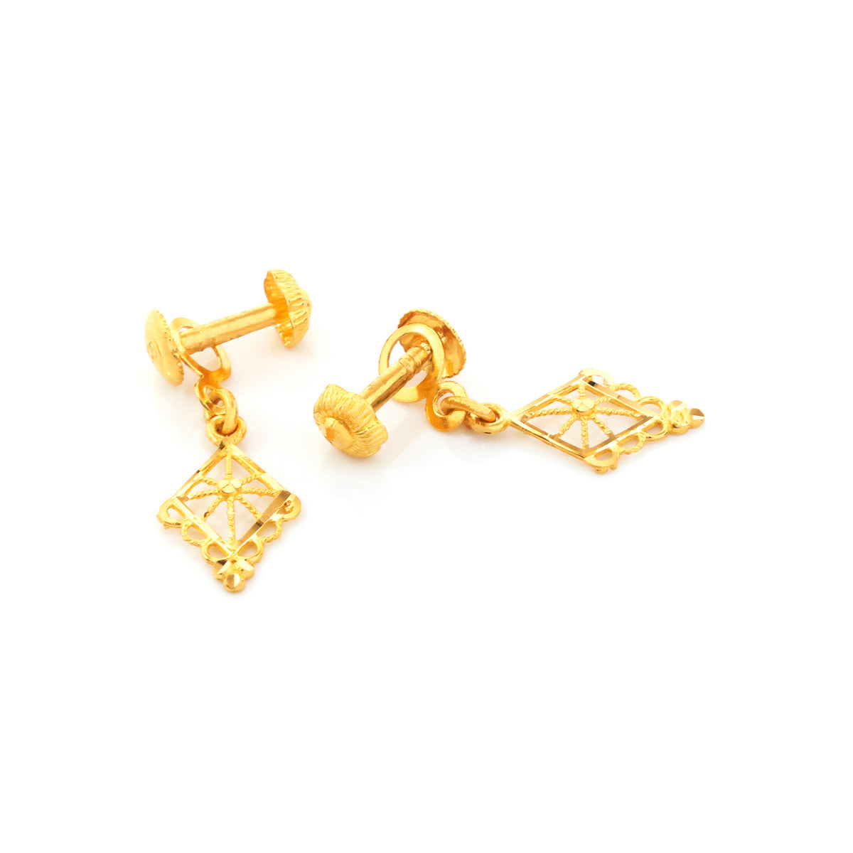 A pair of gold post earrings with dangling openwork geometric square charms, shown on a plain white background.