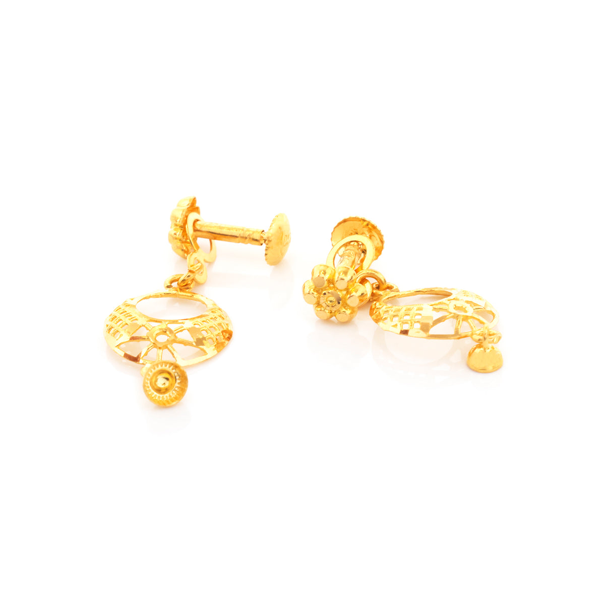 A pair of gold-toned traditional Indian earrings with intricate filigree work and small dangling bead accents, shown on a plain white background.