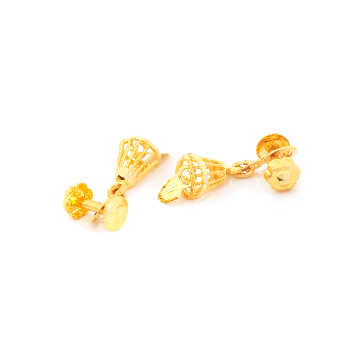 A pair of gold-colored filigree hoop earrings with butterfly-shaped charms and butterfly backings, shown on a plain white background.