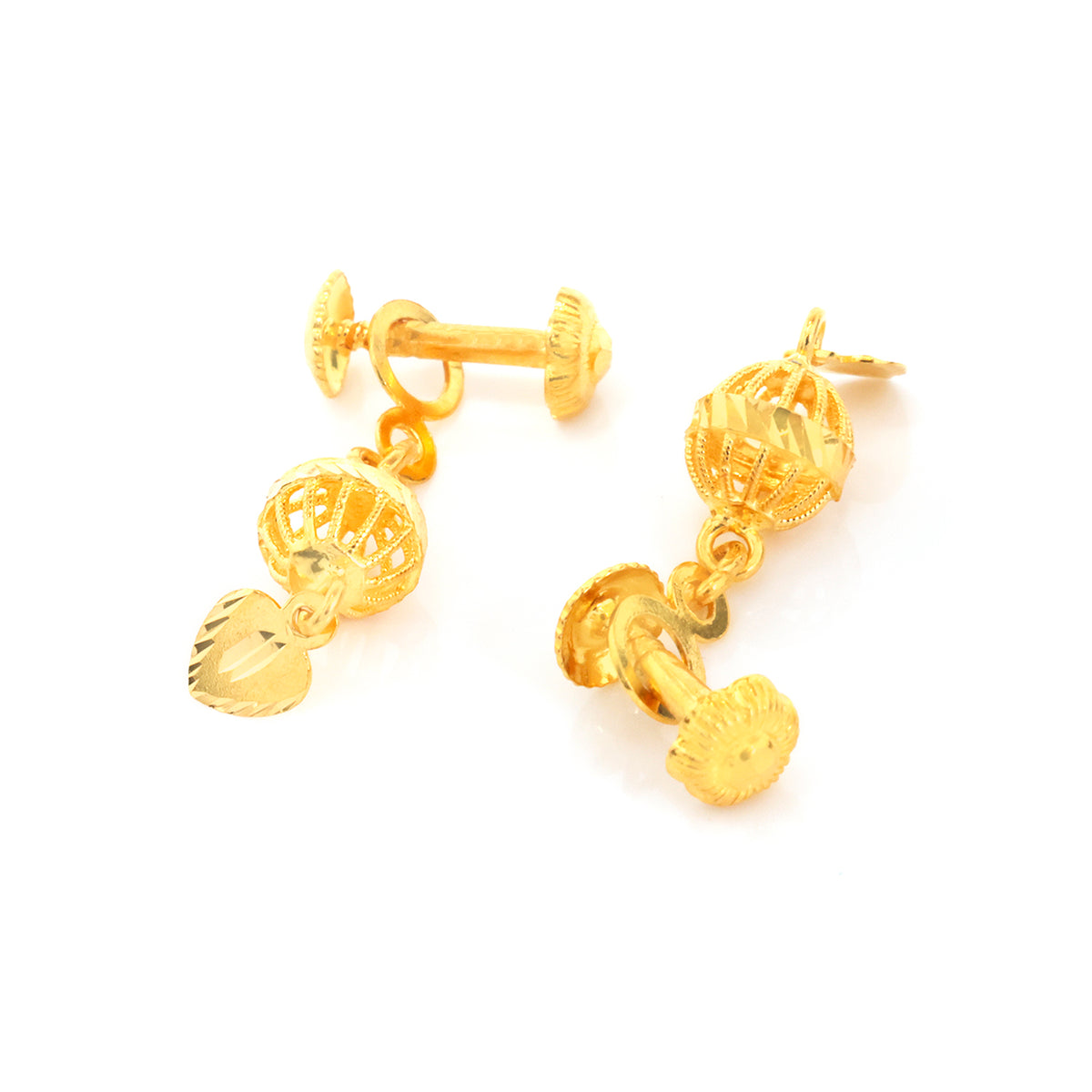 A pair of gold post earrings with a double drop design, featuring a textured spherical charm and a small heart-shaped dangling charm, shown on a plain white background.