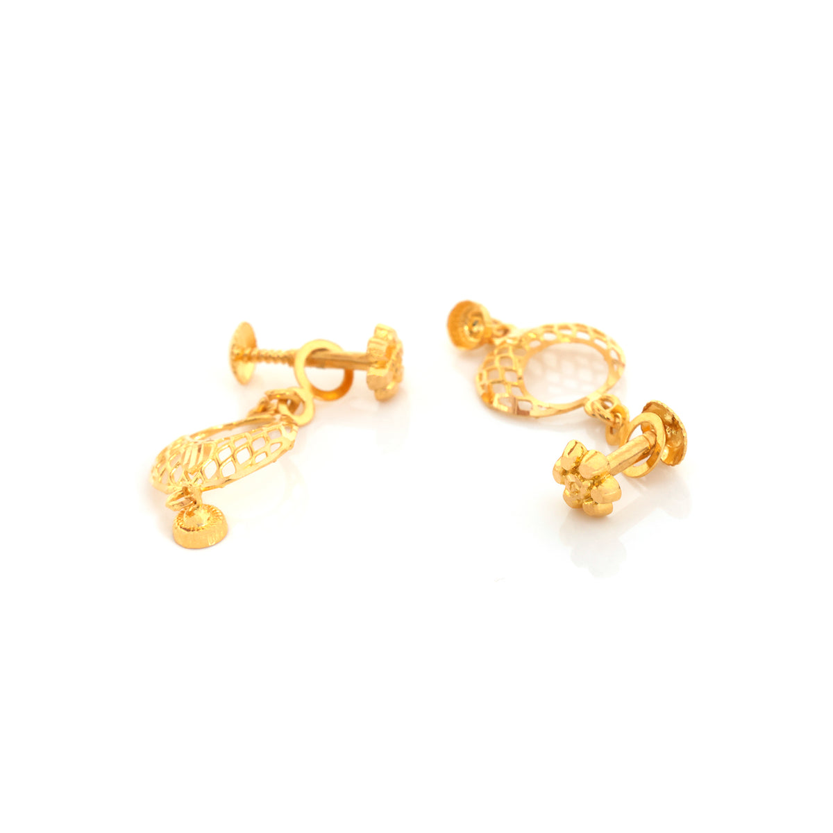 A pair of gold-colored stud earrings with textured, openwork filigree details and screw-back posts, shown on a plain white background.