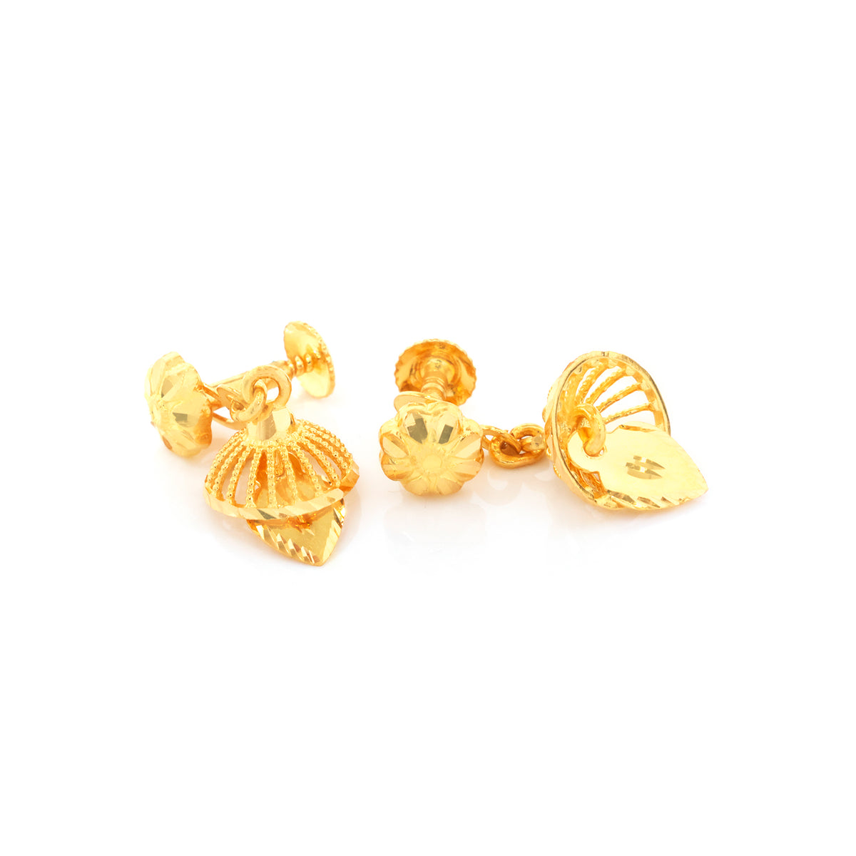 A pair of gold-toned stud earrings with textured, shell-like and floral motifs, displayed on a clean white background.