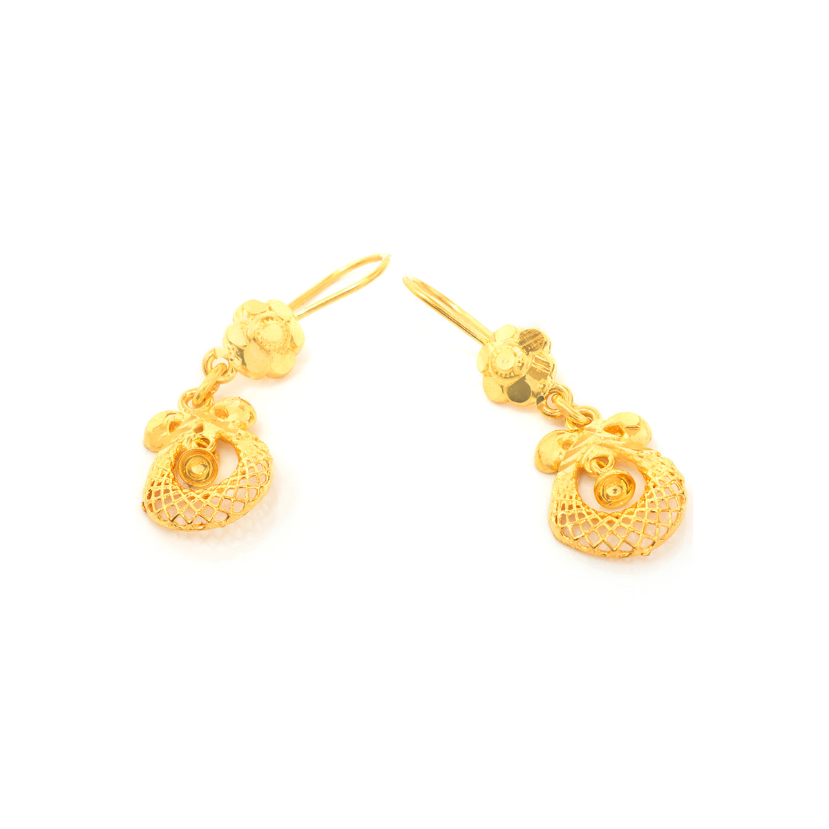 A pair of gold dangle earrings with textured floral tops and hanging mesh pouch charms, shown on a plain white background.