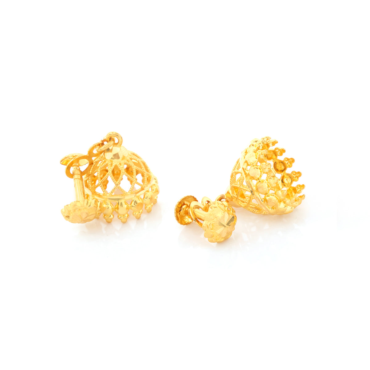 A pair of gold-toned traditional Indian jhumka earrings with intricate filigree and beadwork, displayed on a clean white background.