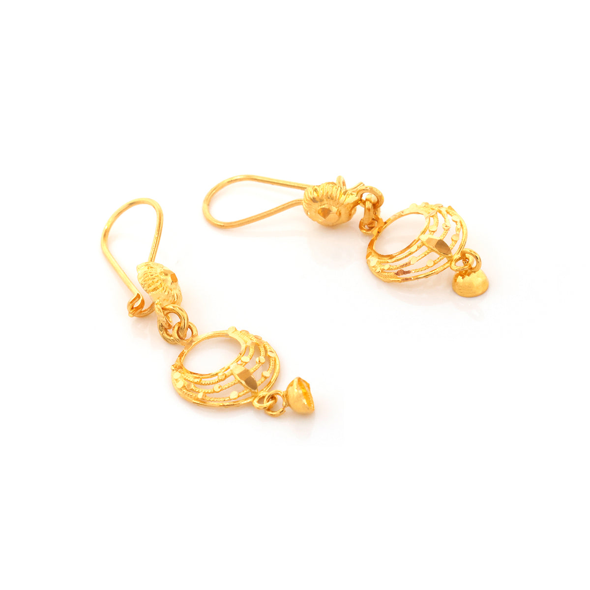 A pair of gold-toned dangle earrings with intricate filigree circular designs and small dangling heart charms, shown on a plain white background.