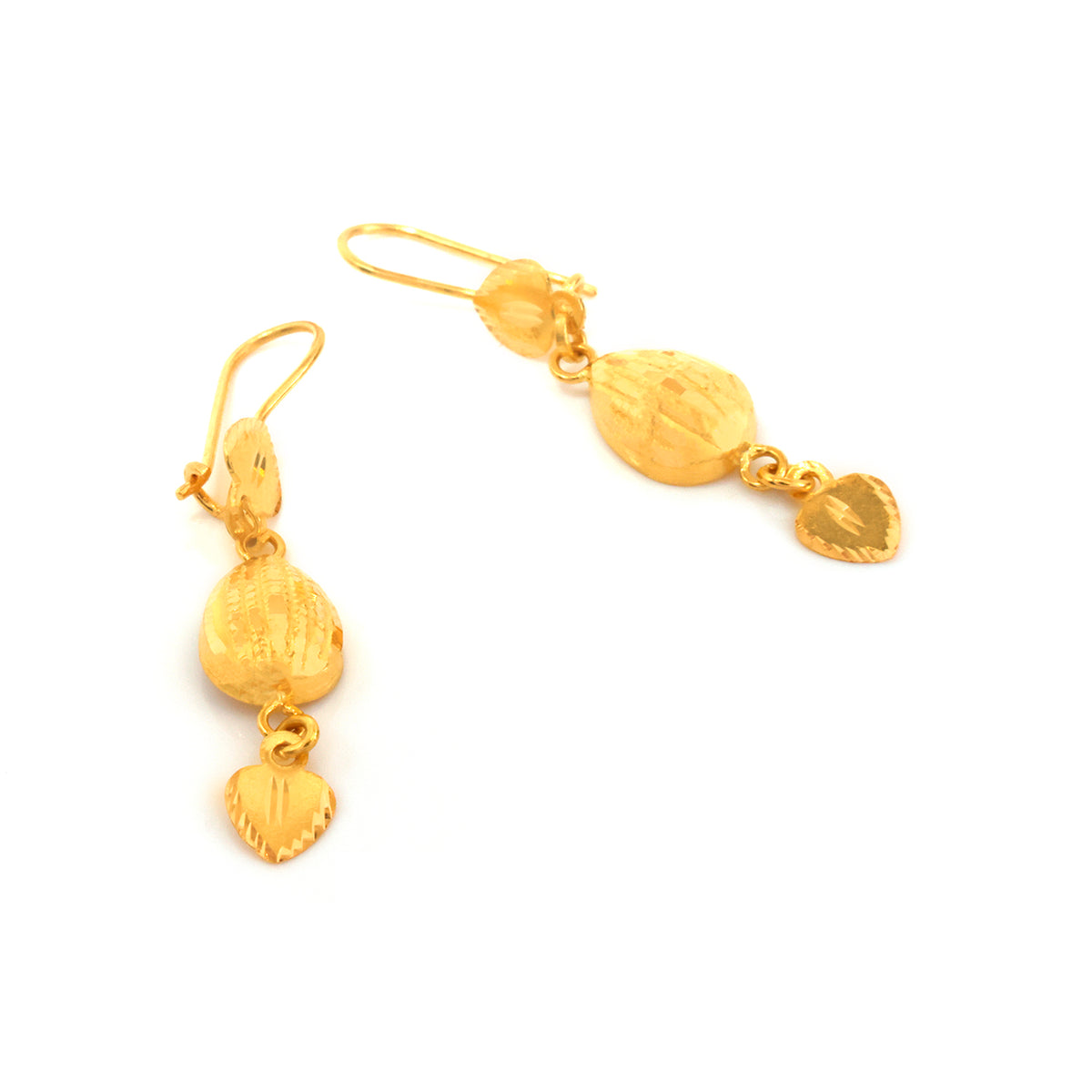 A pair of gold dangle earrings with textured oval and heart-shaped charms, displayed on a clean white background.