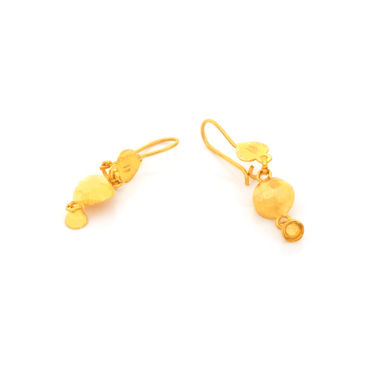 A pair of textured yellow gold dangle earrings with organic, organic-shaped beads and small teardrop charms, shown on a plain white background.