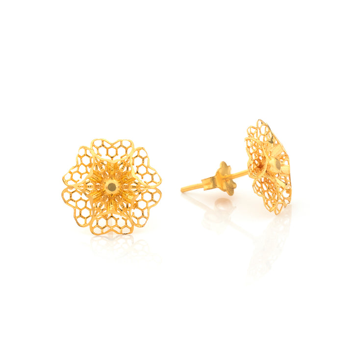 22K Gold Honeycomb Lattice Flower Stud Earrings