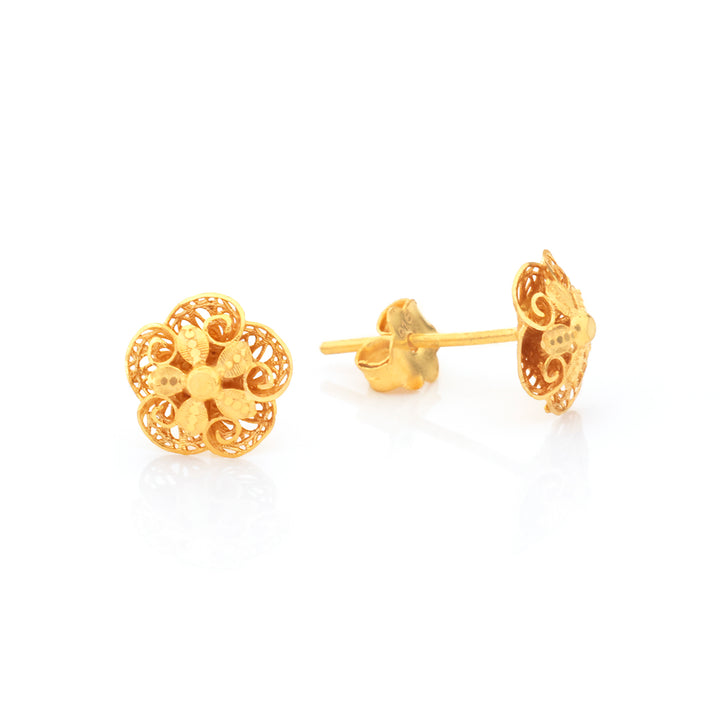22K Gold Filigree Flower Stud Earrings
