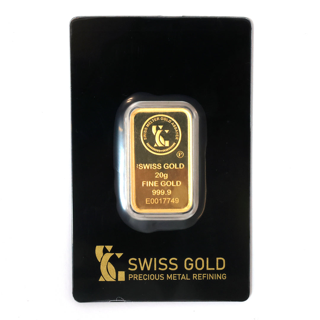 Swiss gold bar in a black holder with 'Swiss Gold' branding.