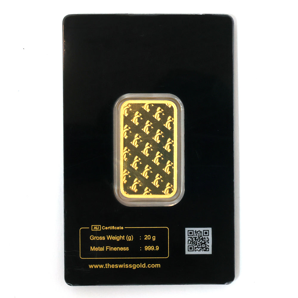 Gold bar in a protective case with Swiss Gold branding on a black background