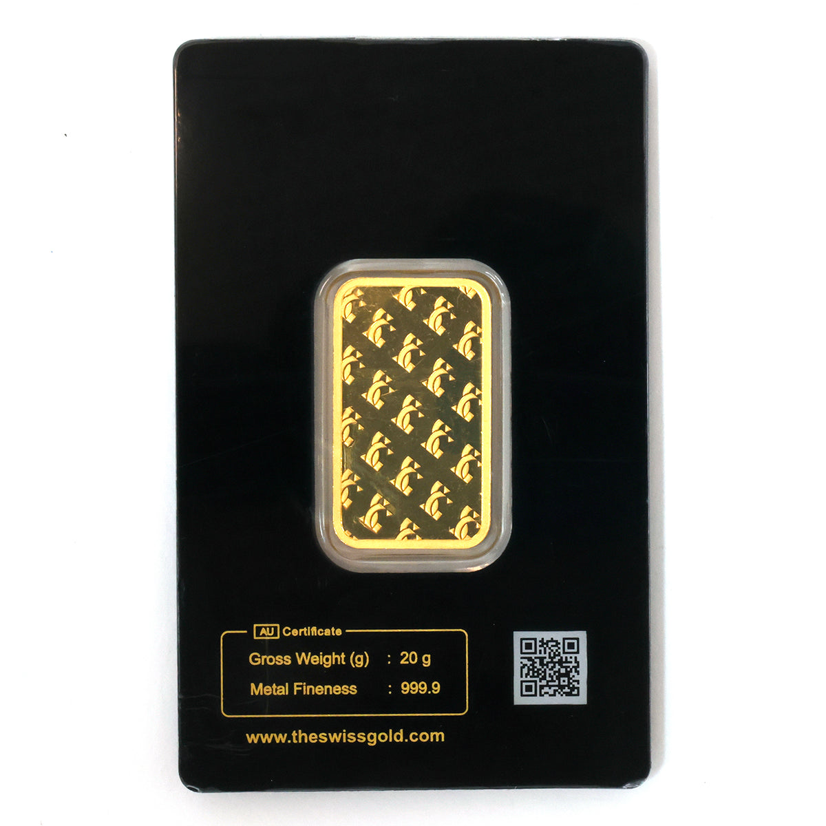 Gold bar in a protective case with Swiss Gold branding on a black background