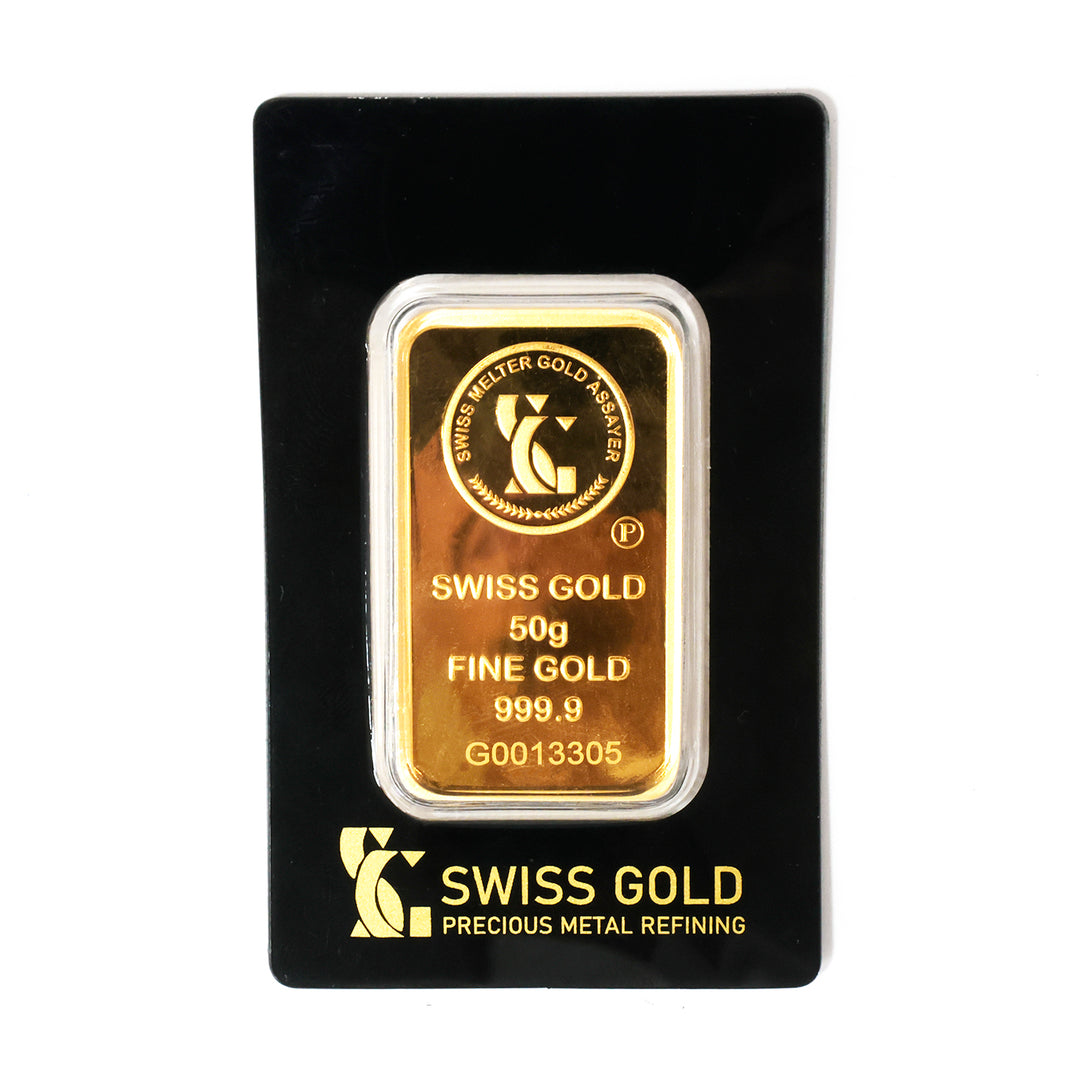 50g Swiss Gold fine gold bar in packaging on a white background