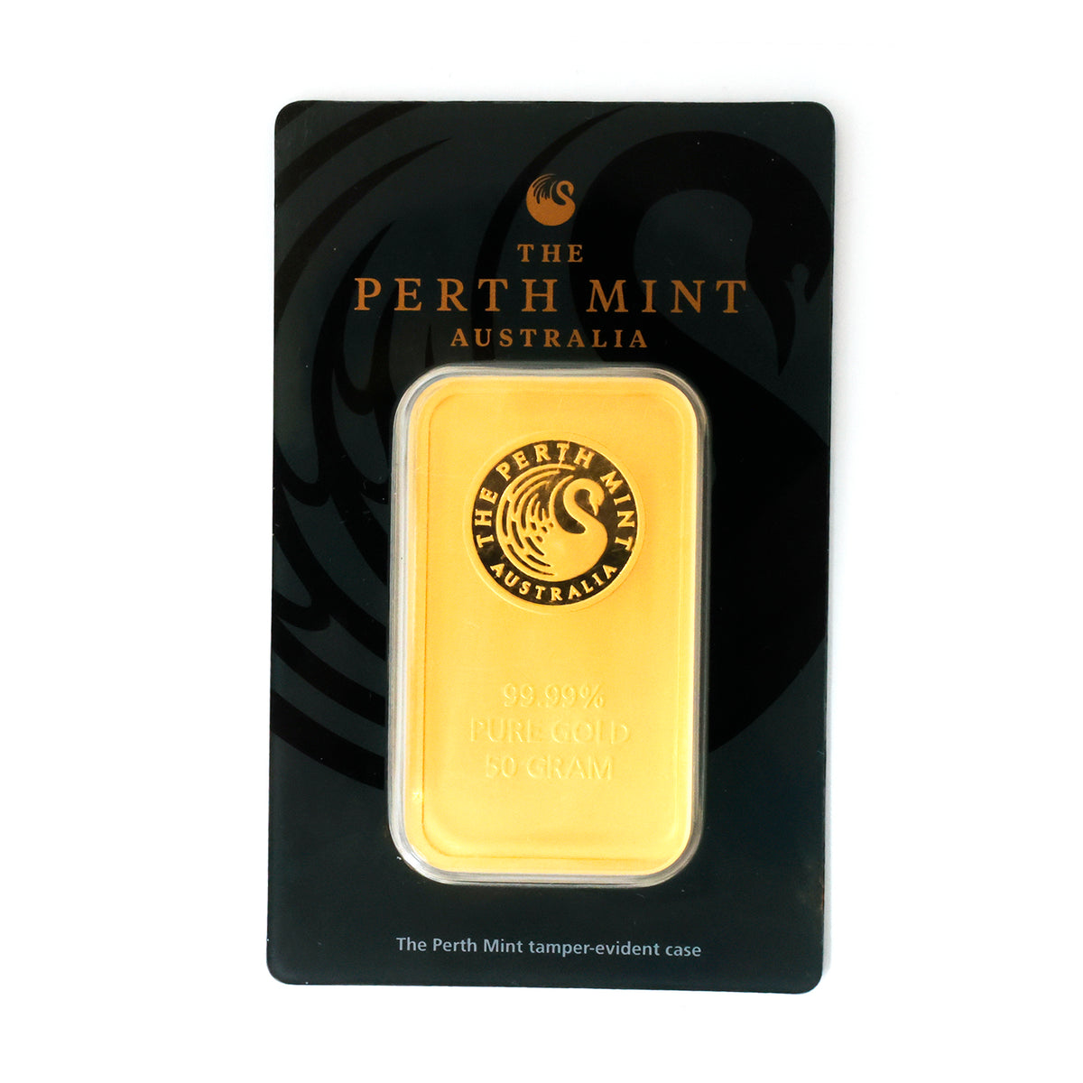 Gold bar in packaging with 'The Perth Mint Australia' branding on a white background