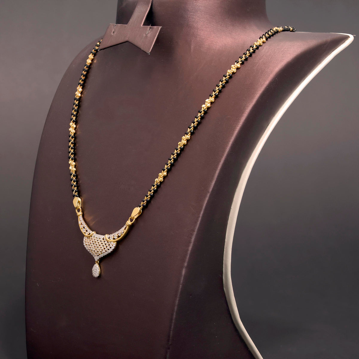 22K Gold Necklace – Classic CZ Mangalsutra Style - Side Angle