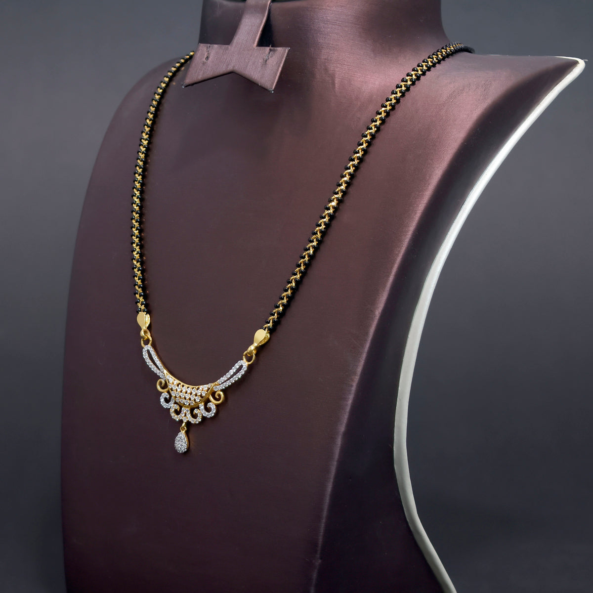 22K Gold Necklace – Elegant CZ Mangalsutra Design - Side Angle