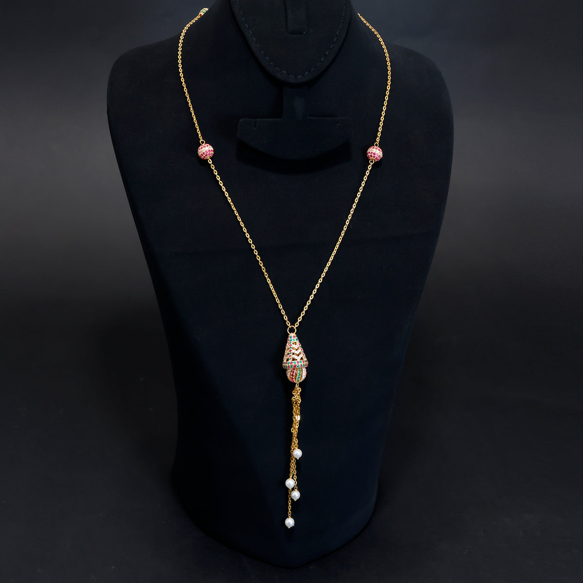 21K Gold Long Necklace with Colourful Pendant and Pearl Drop - Main View