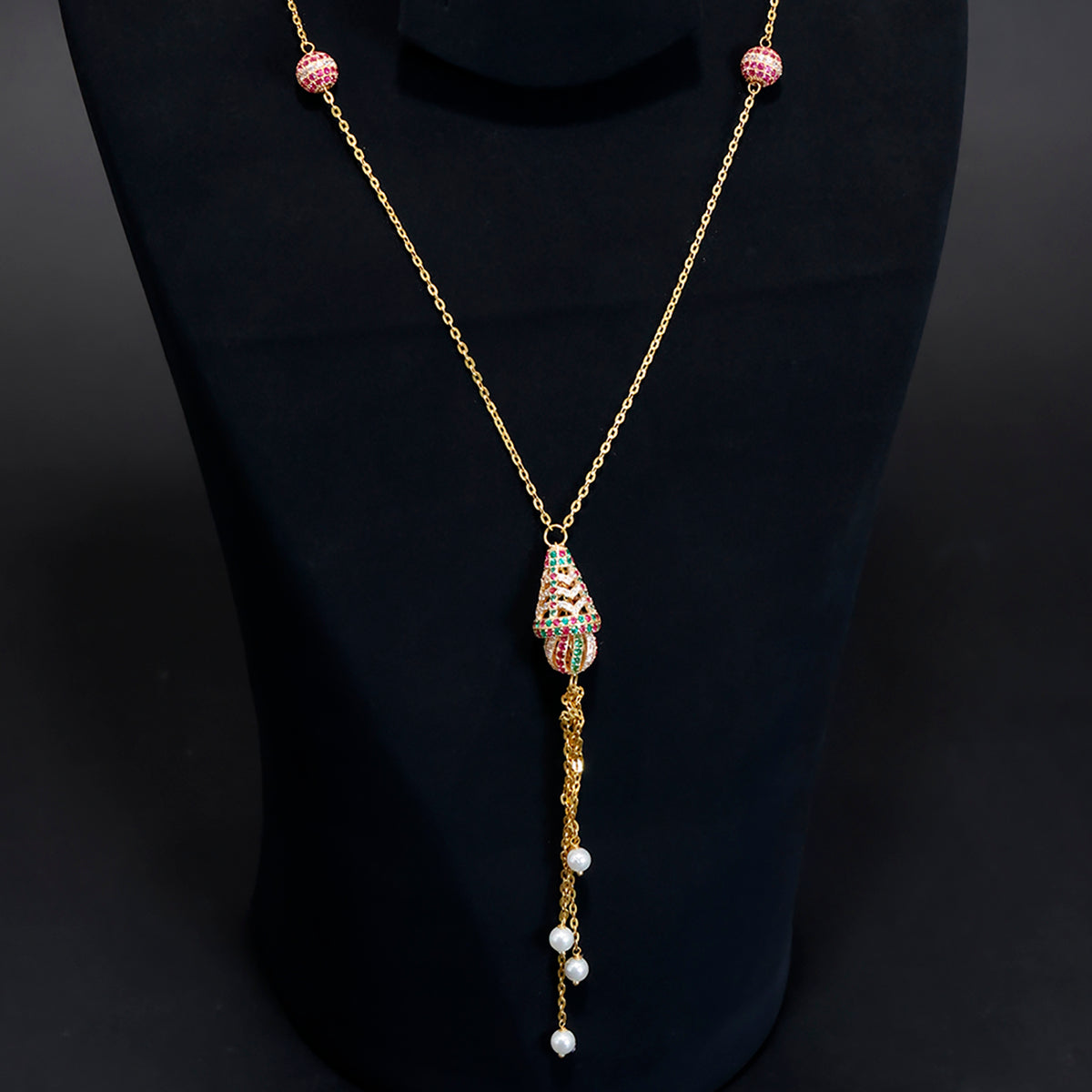 21K Gold Long Necklace with Colourful Pendant and Pearl Drop - Close View