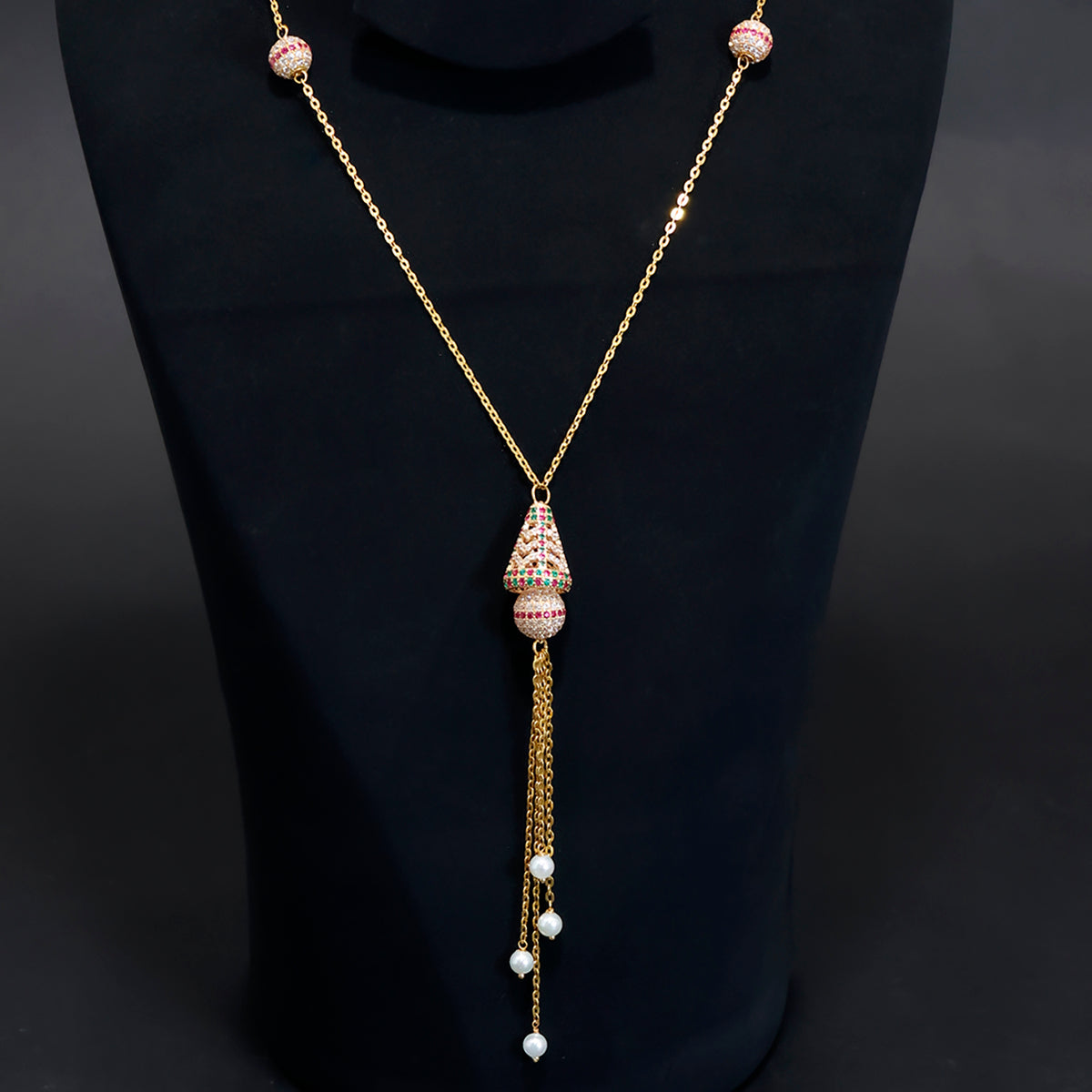 21K Gold Necklace with a colourful stone pendant and pearl drop tassel - Close View