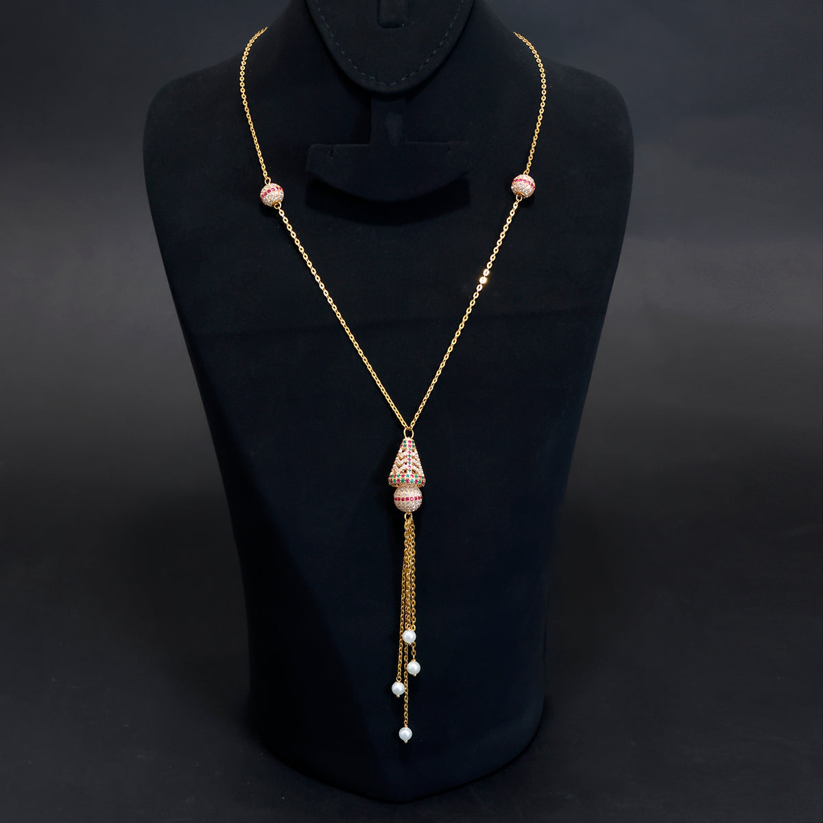 21K Gold Necklace with a colourful stone pendant and pearl drop tassel - Main View
