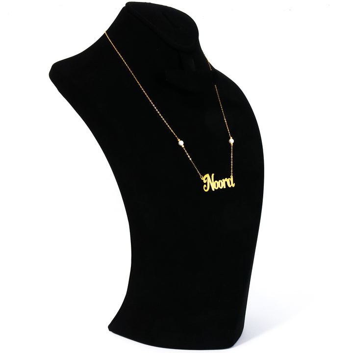 18K Gold Necklace – Script Pendant with Twin Accent Beads