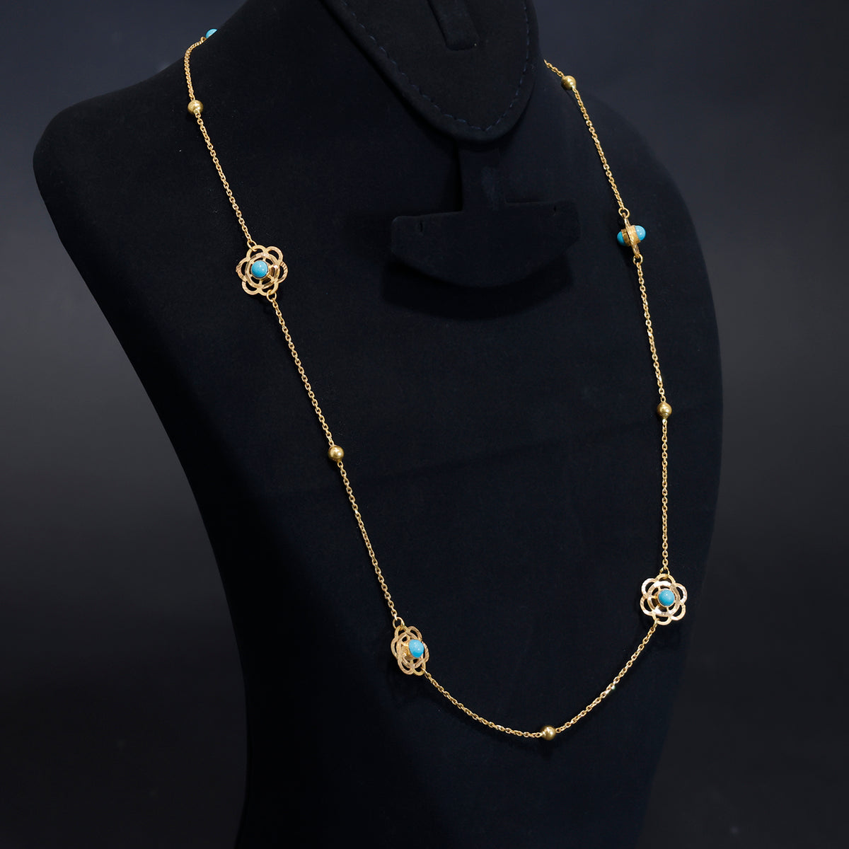 21K Gold  Long Necklace for Women – Floral Blue Stone Design - Side Angle