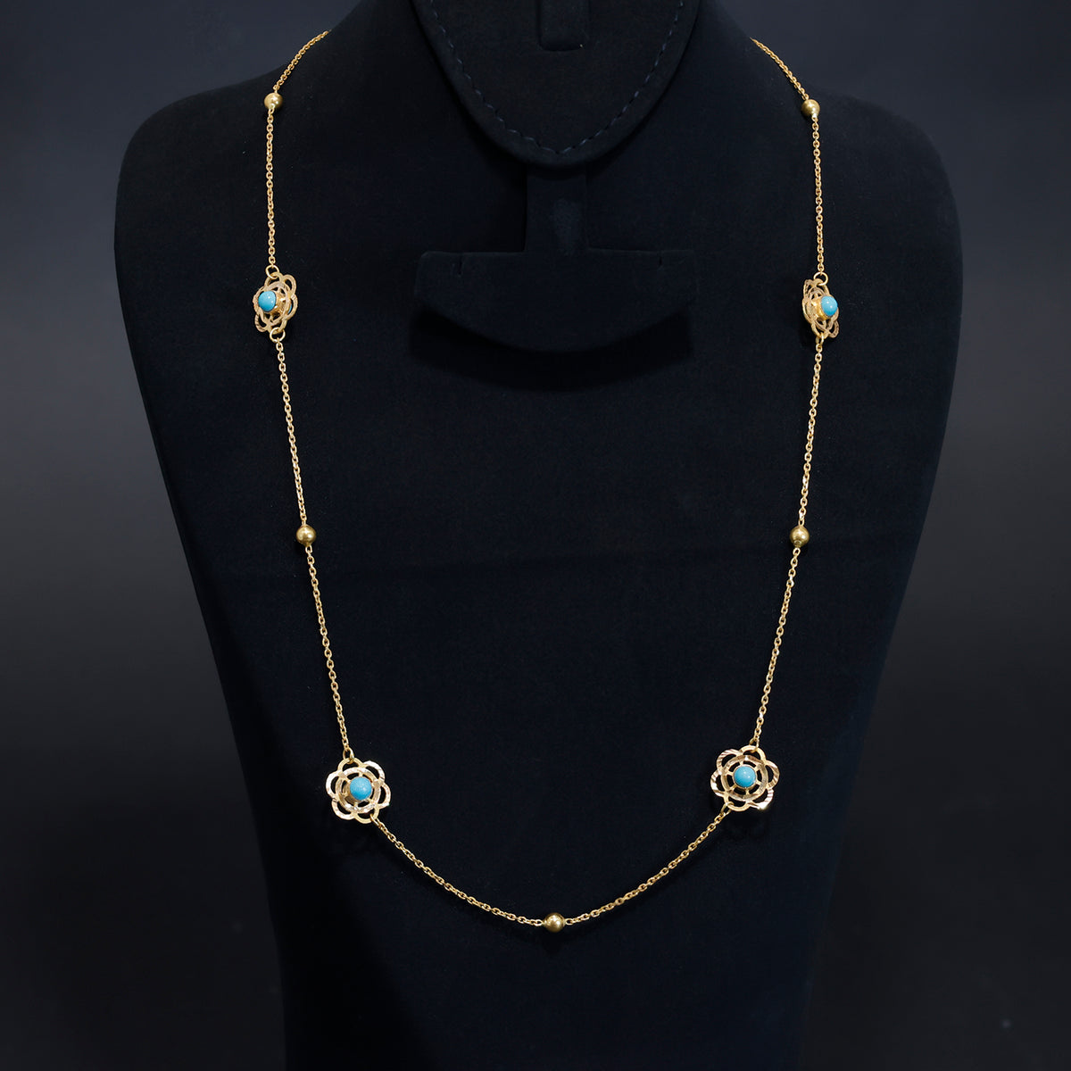 21K Gold  Long Necklace for Women – Floral Blue Stone Design - Main View