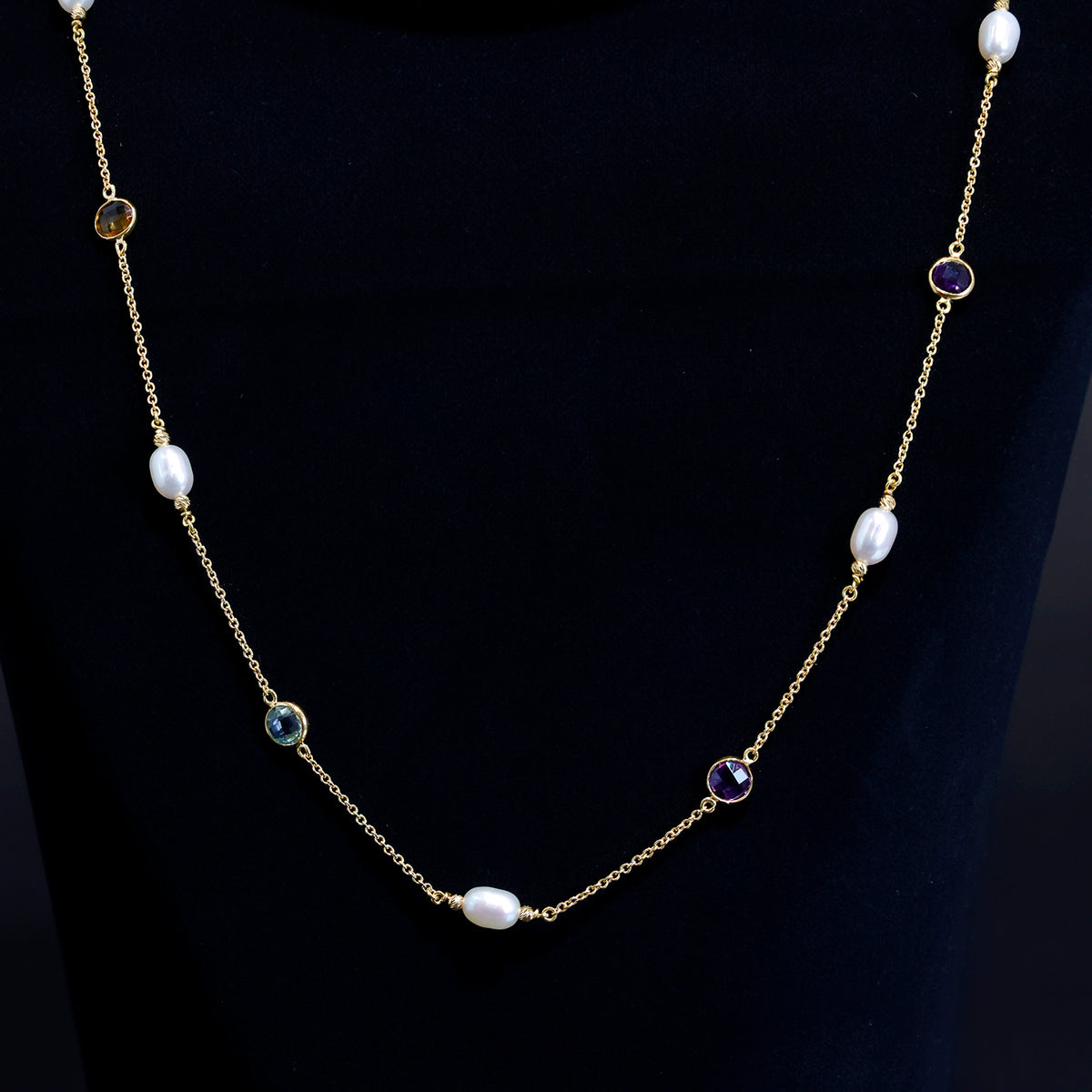 18K Gold Long Necklace with Pearl and Stone Accents – Zero Making Charge - Close View