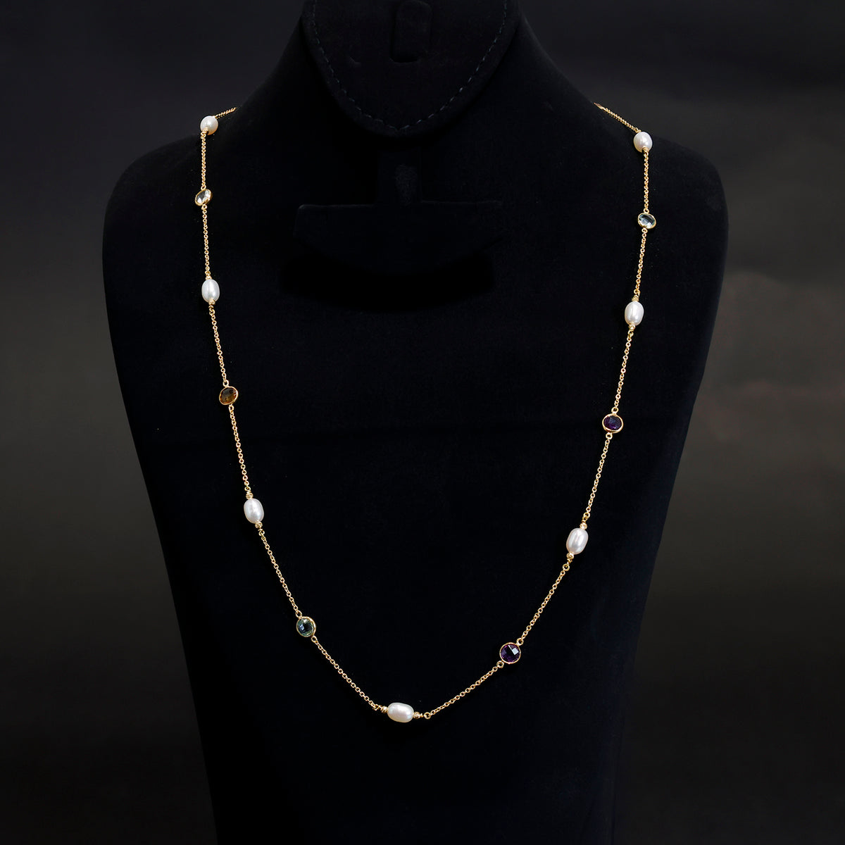 18K Gold Long Necklace with Pearl and Stone Accents – Zero Making Charge - Main View