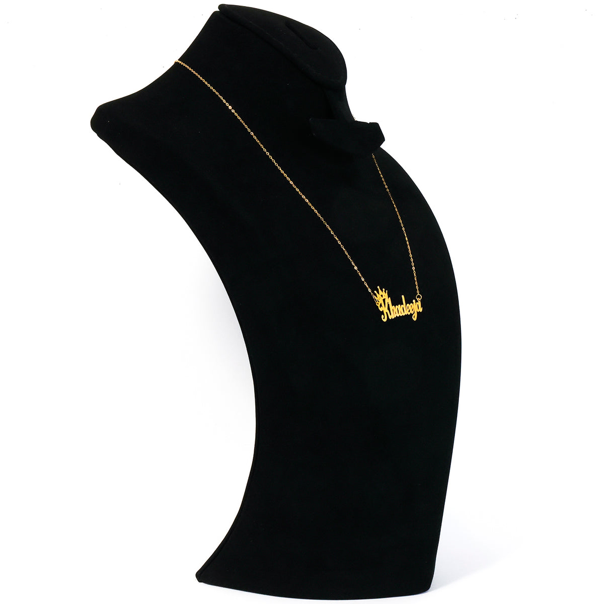 Black high-neck garment with gold embroidery on a white background