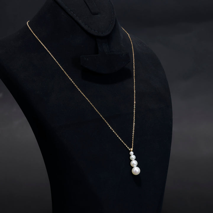 18K Gold Necklace – Graceful Vertical Pearl Drop Design - Side Angle