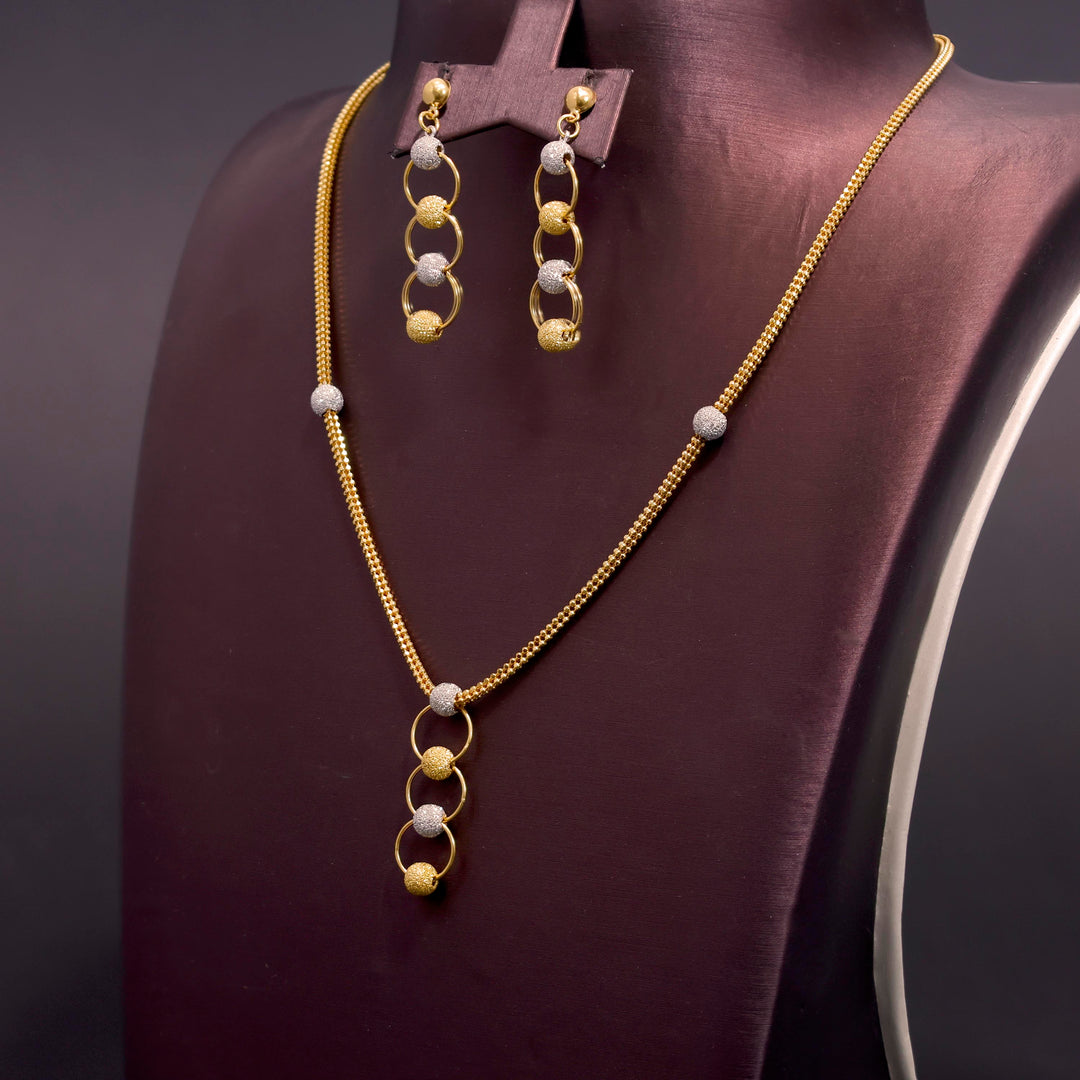 22K Gold Jewelry Set Two-tone Textured Beads & Circular Link Design - Side Angle