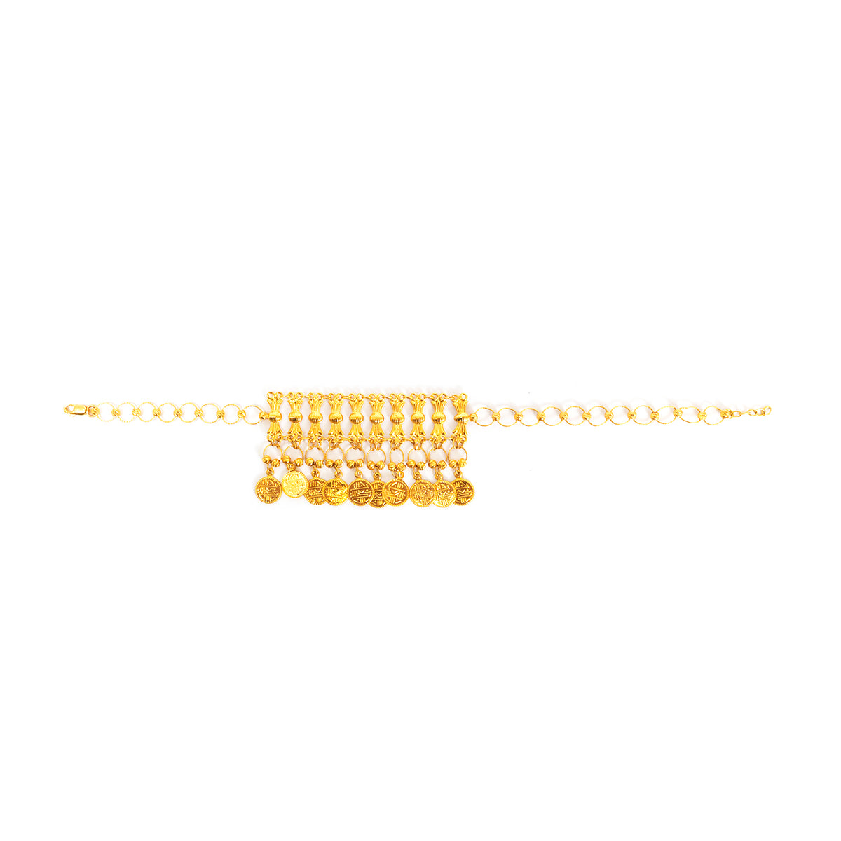 Gold anklet with small round pendants on a white background