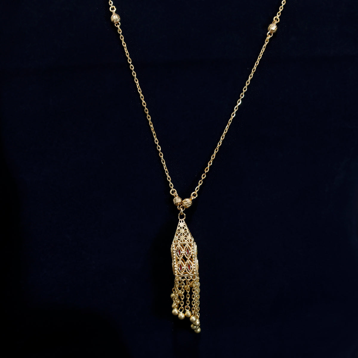 21K Gold Long Necklace for Women – Tassel Pendant Design – Close Vew