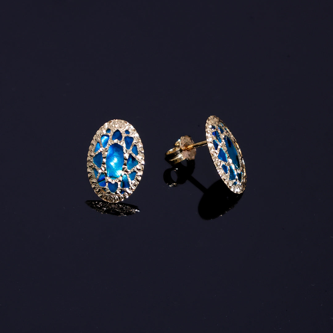 18K Gold Set - Oval Blue Stone Necklace with Matching Earrings - Close View