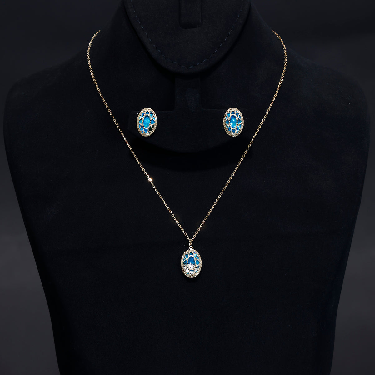 18K Gold Set - Oval Blue Stone Necklace with Matching Earrings - Main View