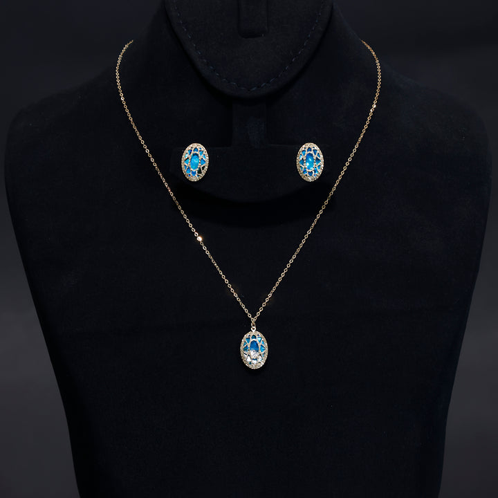 18K Gold Set - Oval Blue Stone Necklace with Matching Earrings - Main View