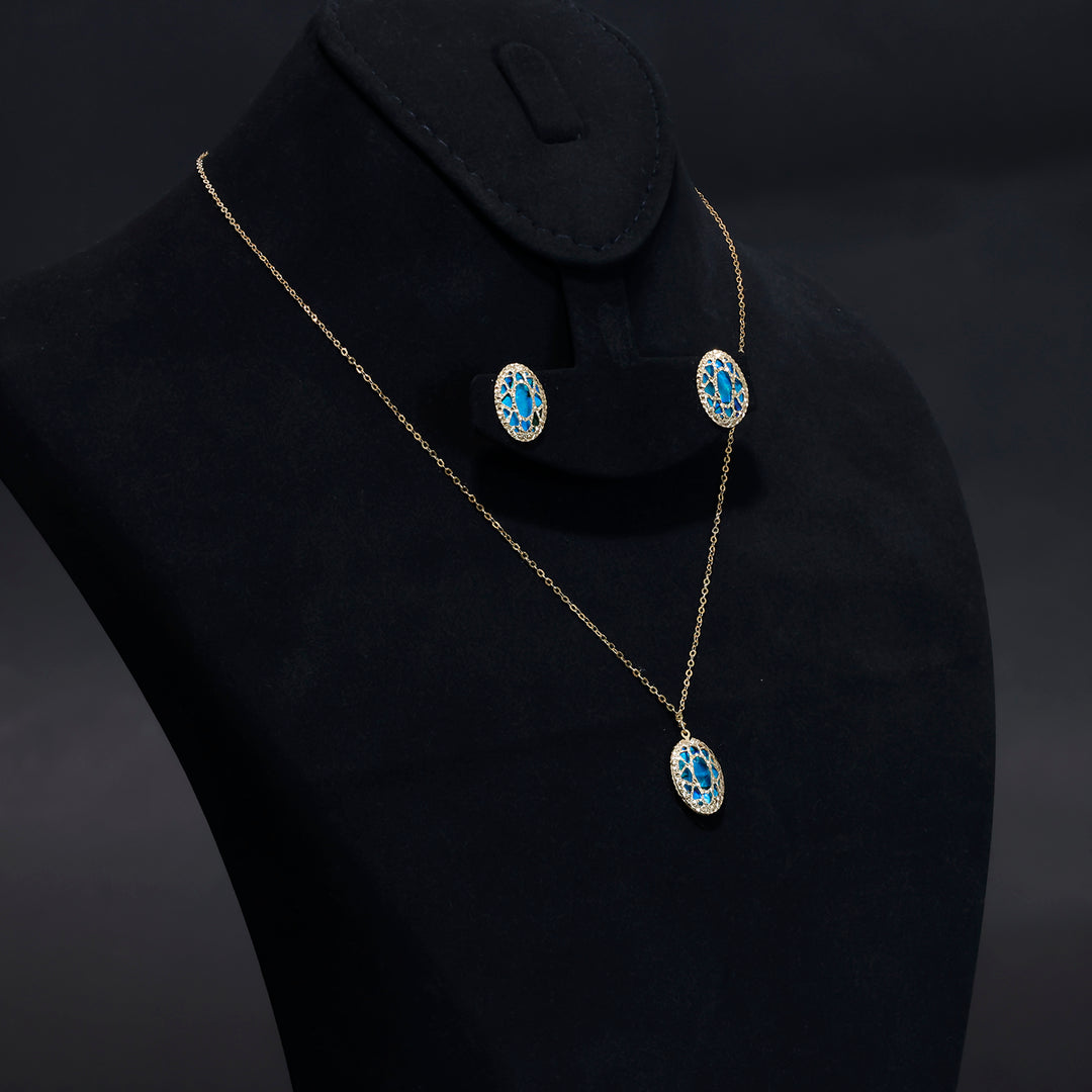 18K Gold Set - Oval Blue Stone Necklace with Matching Earrings - Side Angle