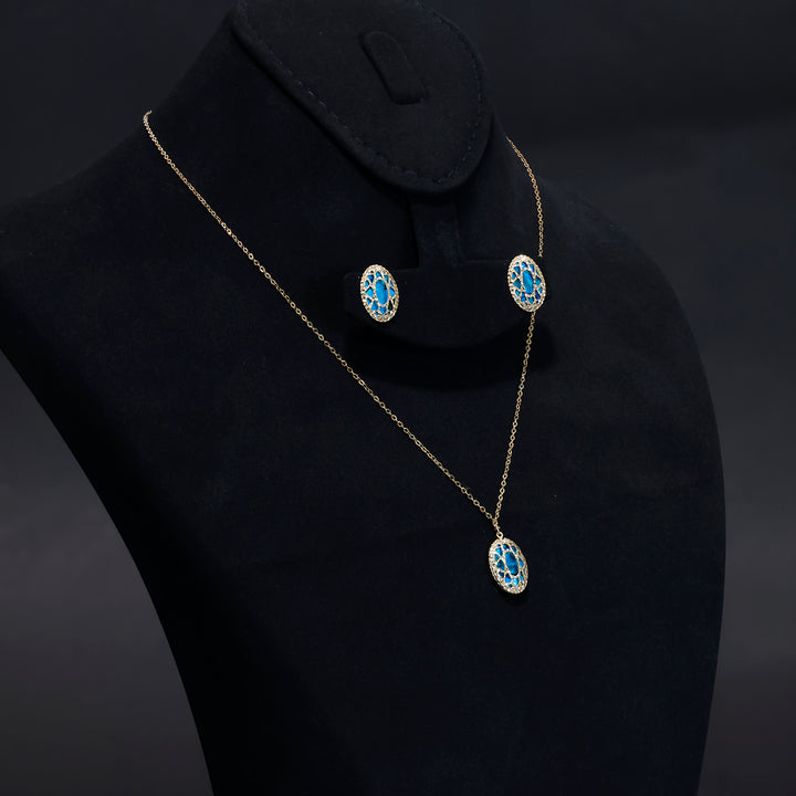 18K Gold Set - Oval Blue Stone Necklace with Matching Earrings - Side Angle
