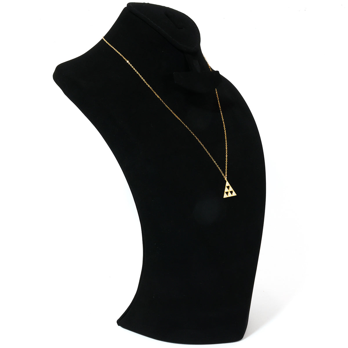 Pearl necklace on a black mannequin bust against a white background
