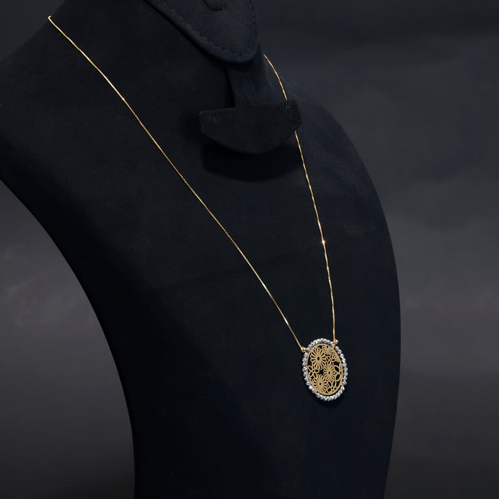 18K Gold Necklace – Intricate floral filigree pendant - Side angle